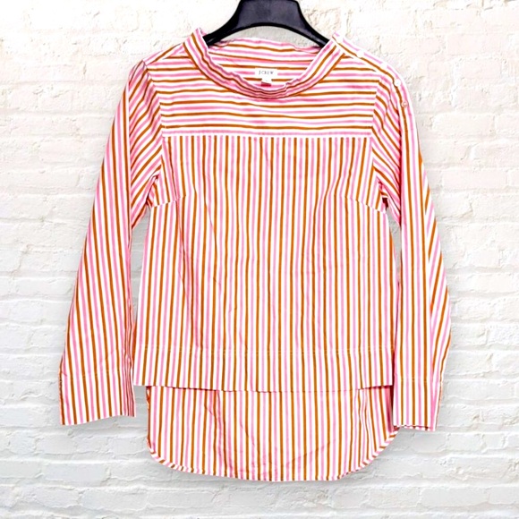 J CREW Pink Gold Brown Stripe Cotton Funnel Neck Blouse Tunic Top Womens M - Picture 1 of 6